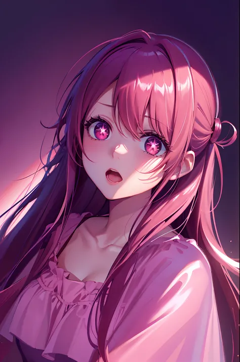 glowart: 1.0), (bright, sketch, drawing: 1.0), 1girl, bangs, red eyes bright relucent light in hair, blush, collarbone, hair between eyes, long hair, looking at viewer, bra, open mouth, pink hair, portrait, shiny, shiny hair, side ponytail,