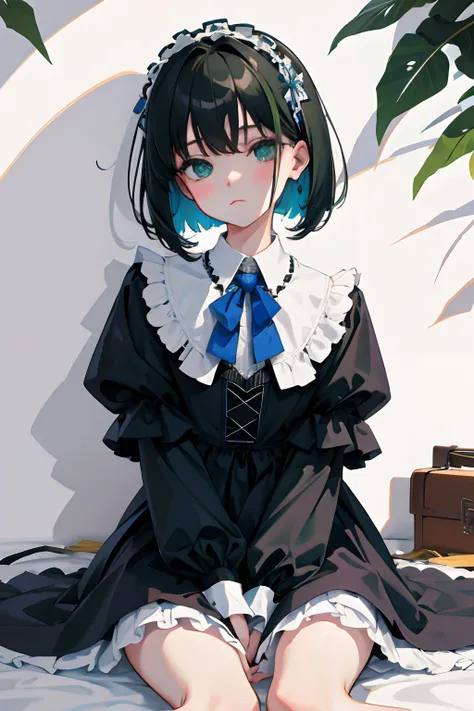 hand between legs，child，（​masterpiece，Highest Quality），shortsleeves，Blue-green Gothic Lolita，Sleepy face，A dark-haired，Medium bob，utility knife