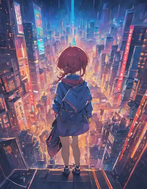 "Generate a vibrant and eye-catching anime-inspired artwork that showcases a futuristic cityscape at dusk, illuminated by neon lights, with a mysterious and heroic character standing on the edge of a skyscraper, gazing into the horizon, surrounded by flyin...