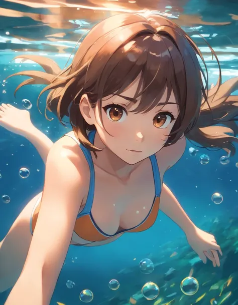 foreshortening, depth of field, masterpiece, best quality, 1girl, brown hair, brown eyes, long hair, underwater, air bubble, solo, looking at viewer, school swimsuit, swimming, dappled sunlight,