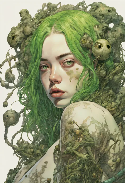 artwork by katsuya terada
8k, hd, intricate detailed masterpiece, billie eilish in a sexy bralles nude, pantyhoes, scales, roots...