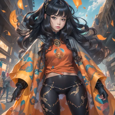 (Girl with bright black hair)(Best quality, A high resolution, Vivid colors, (Cartoon Goddess), (comic strip))Forged hammer pattern，belly-bar，Sweatshirt，Safety pants，oguchi，sedate，massiness，Shiny and warm，Flowing silk cape