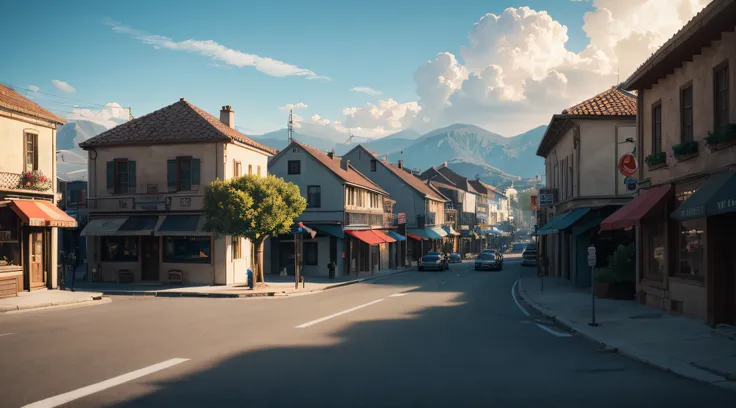 a small, simple town, charming, on a beautiful, sunny day, where time has not passed, without cars, with cinematic lighting, unr...