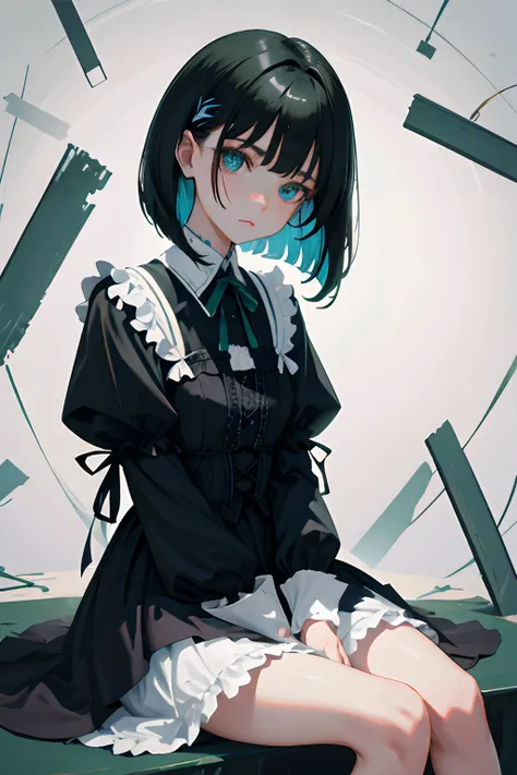 hand between legs，child，（​masterpiece，Highest Quality），shortsleeves，Blue-green Gothic Lolita，drooing eyes，A dark-haired，Medium bob，utility knife