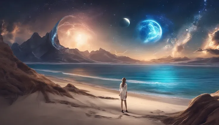 huge planet, the night, starrysky, surrealism, masutepiece, hight resolution、Impressive Milky Way:1.9、sand beach、Vast blue ocean、Blue glacier、lightning bolt:1.9、Protoplanets、Beautuful Women