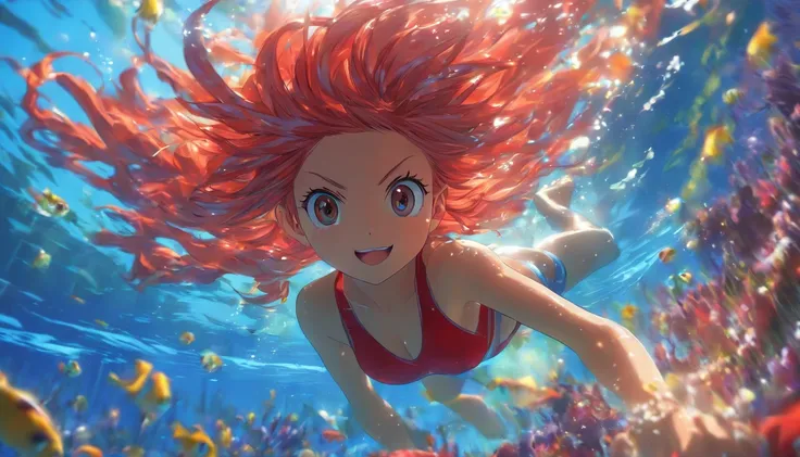 foreshortening,  profundidade de campo, master part, best quality, 1girl, red hairs, olhos castanhos,  cabelos longos , underwater, bolha de ar, sozinho, Olhando para o Viewer, school school swimsuit, swimming,  luz solar fraca, roupa estilosa de couro pre...