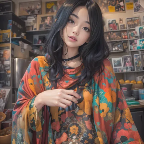 (Girl with bright black hair)(Best quality, A high resolution, Vivid colors, (Cartoon Goddess), (comic strip))Forged hammer pattern，belly-bar，Sweatshirt，Safety pants，oguchi，sedate，massiness，Shiny and warm，Flowing silk cape