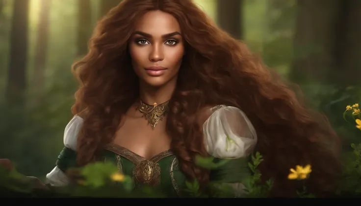 dark skin, detailed beautiful young woman, reddish golden brown hair, long, wavy and messy hair, detaiiled perfect green eyes, delicate symmetric realistic and beautiful face, (magic forest backgroung),  ranger outfit leather armored, fairy, wild flowers b...