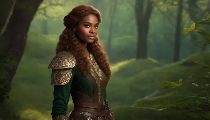 dark skin, detailed beautiful young woman, reddish golden brown hair, long, wavy and messy hair, detaiiled perfect green eyes, delicate symmetric realistic and beautiful face, (magic forest backgroung),  ranger outfit leather armored, fairy, wild flowers b...