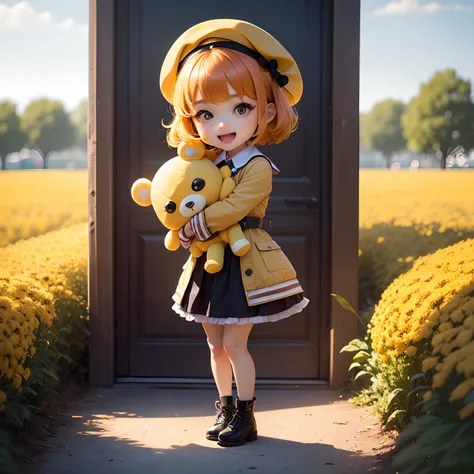 ​masterpiece、top-quality、ultra-detailliert、(Chibi Charas Daughter:1.2)、Open your mouth and smile、Orange hair color、Yellow beret、Vitamin color、wraith、Orange and yellow Marguerite field、Dragging stuffed animals、Hugging a yellow stuffed animal、Standing、