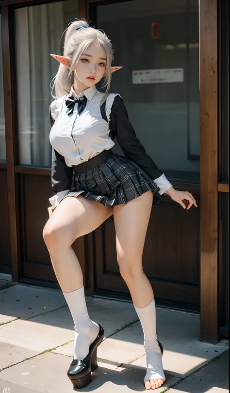 （Extremely normal body：2.0）Japanese-style town：1 Elf beauty，JK school uniform，(Elf long ears)，Short silver-white hair，Half-tied ponytail。Uniform for female high school students)，Short plaid skirt，Stretch your feet，Black short stockings，Black socks, Black s...