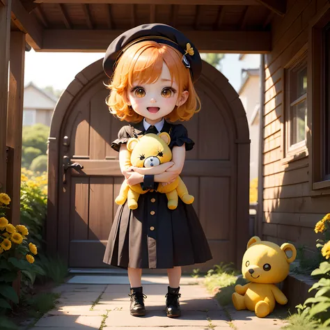 ​masterpiece、top-quality、ultra-detailliert、(Chibi Charas Daughter:1.2)、Open your mouth and smile、Orange hair color、Yellow beret、Vitamin color、wraith、outside of house、Orange and yellow Marguerite field、Stuffed drags、Hugging a yellow stuffed animal、Standing、