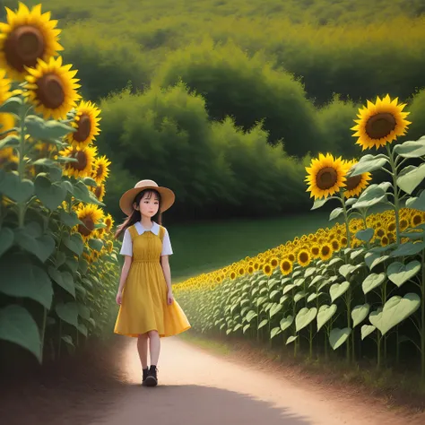 Girl walking through sunflower field, background