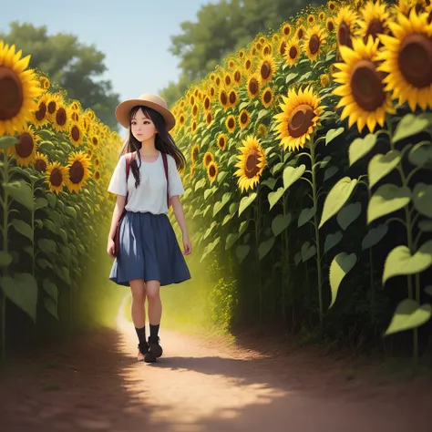 Girl walking through sunflower field, background