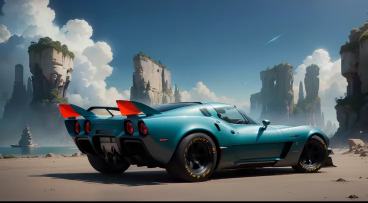 Digital art, ((Ultra HD resolution)), ((scenic)), digital illustration, (Fantastic location), (global illumination), ((Concept art)), ((art by Studio Ghibli)), (dramatic): Supersonic Corvette car with turbines, futuristic, retro 60s style