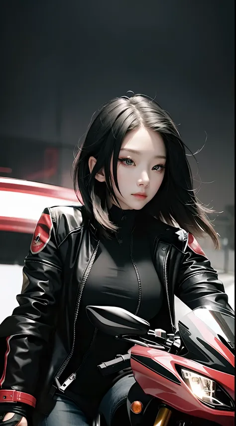 Motorcycle girl，Black CG coat，Red motorcycle，Night tunnel，Highest image quality，Outstanding details，超高分辨率，（fidelity：1.4），The best illustration，Favor the details，Highly cohesive 1girl，He has a delicate and beautiful face，Dressed in black and white mechs，