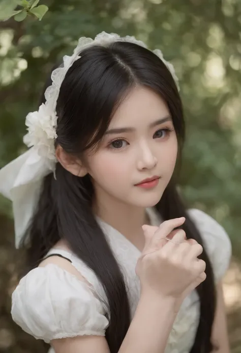 japanese girl, in forest, cute baby-FACED japanese girl, cute face, cute maid outfit, in daylight, long black hair, soft hair, doll-faced, dark pretty eyelashes, downturned nose bridge, button nose, sweet girl, lovely japanese girl, pretty japanese girl, r...