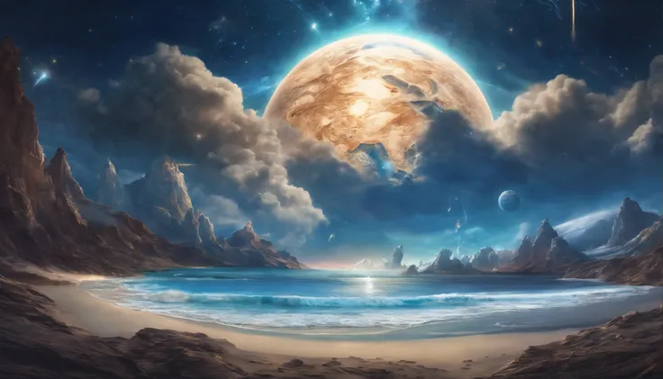 huge planet, the night, starrysky, surrealism, masutepiece, hight resolution、Impressive Milky Way:1.9、sand beach、Vast blue ocean、Blue glacier、lightning bolt:1.9、Protoplanets、Pure beauty