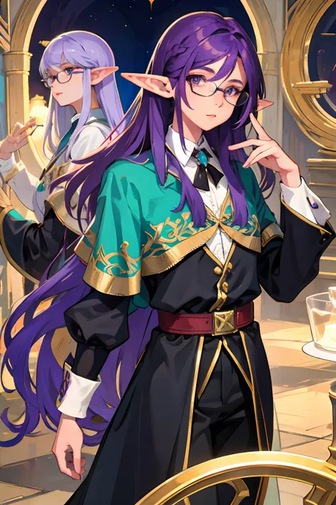 A French young elf with long turquoise hair and purple eyes, wears glasses, looks cute, Young guy