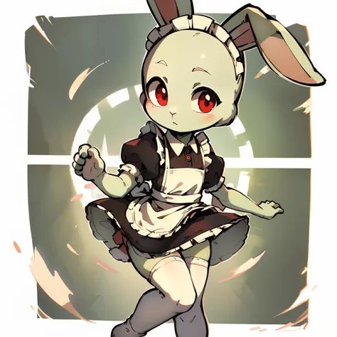 Best quality，Masterpiece，(Cartoony)，solo person，(Maid skirt)，((white stockings，White knee-length socks))，(Small loli，for 6 years old)，((bald-headed，rabbit Facial Features，rabbit Body Features，Pale green body))，((No ears，rabbitears))，Moving，red color eyes，b...