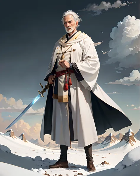 The top of Kunlun，A pale man with gray hair，The old man in a white robe stood in the wind and snow，On his back was a long white sword，A white crane stands beside him