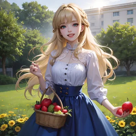 finest image, cute female, pick the fruits and put them in the basket, laugh, happy, shy, light blonde glossy updo braided iridescent hair style, sparkling blue big eyes, great proportion, medieval dress, background meadow on the hill, clear skies, sun and...