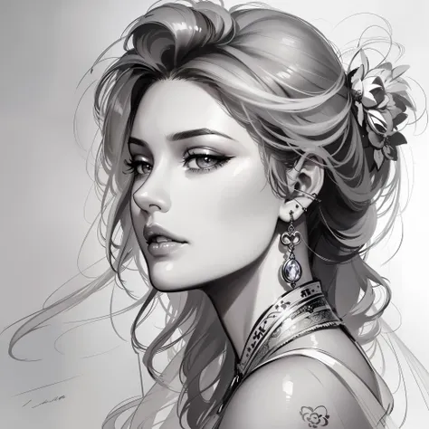 a drawing of a woman with long hair and earrings, detailed beauty portrait, detailed beautiful portrait, realistic digital drawing, extremely detailed woman, elegant digital painting, detailed woman, detailed illustration portrait, epic portrait illustrati...