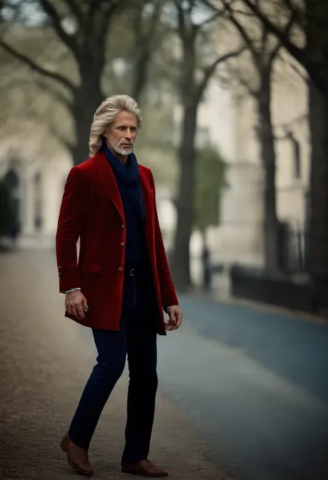 A man with a hand in red , foto no estilo de Patrick Demarchelier. Vestido com uma jaqueta de veludo preta e jeans azul , alto e em forma , (40 anos :1.1), (Barbeado:1.2), (cabelos castanhos muito curtos:1.9),(cabelos muito curtos:1.6). in the style of eth...