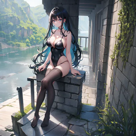 Stone corridor outside the cliff，Vista of an artificial lake，Heavy rainy days，lacepantyhose，black long hair，gigantic cleavage breasts，sit on chair，Full body like， Straighten your legs，Miniature swimsuit,No shoes,Corridor edge，Gaze at the view outside，Heavy...