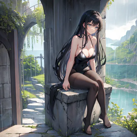 Stone corridor outside the cliff，Vista of an artificial lake，Heavy rainy days，lacepantyhose，black long hair，gigantic cleavage breasts，sit on chair，Full body like， Straighten your legs，Miniature swimsuit,No shoes,Corridor edge，Gaze at the view outside，Heavy...