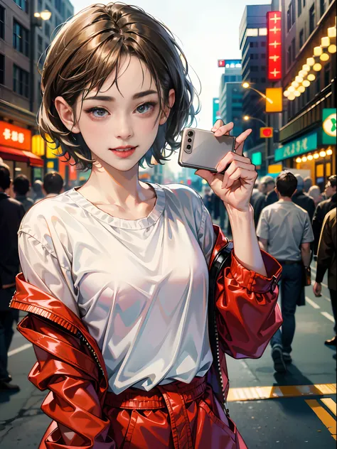 (absurdres, highres, ultra detailed, HDR), masterpiece, best quality, 1girl , cute, short hair, finely eye and detailed face, (white t-shirt), (red jacket), dimple, night street, night city, midnight, selfie shot, light smile