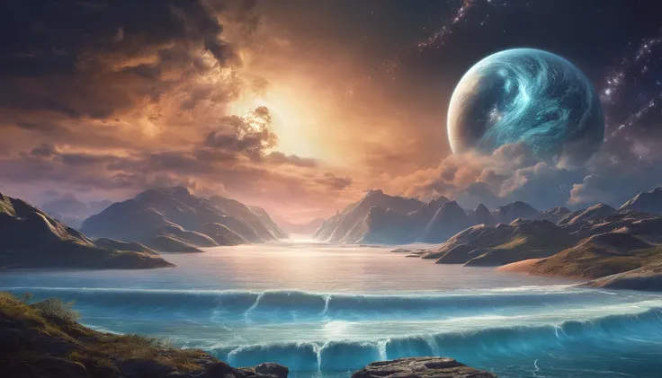 huge planet, the night, starrysky, surrealism, masutepiece, hight resolution、Impressive Milky Way:1.9、sand beach、Vast blue ocean、Blue glacier、lightning bolt:1.9、Protoplanets、pure beauty、Planets to discharge:1.9