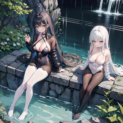 Stone corridor outside the cliff，Vista of an artificial lake，Heavy rainy days，lacepantyhose，black long hair，gigantic cleavage breasts，sit on chair，Full body like， Straighten your legs，Miniature swimsuit,No shoes,Corridor edge，Gaze at the view outside，Heavy...