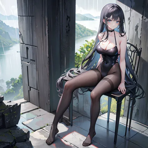 Stone corridor outside the cliff，Vista of an artificial lake，Heavy rainy days，lacepantyhose，black long hair，gigantic cleavage breasts，sit on chair，Full body like， Straighten your legs，Miniature swimsuit,No shoes,Corridor edge，Gaze at the view outside，Heavy...