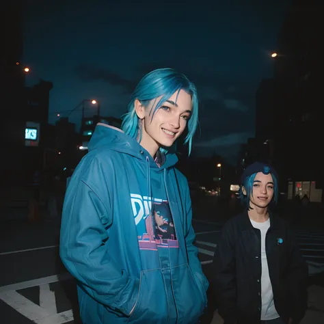 streetcore grunge skatist core style nightcity guy blue haired ocident features smiling cool city guy, city background high defi...