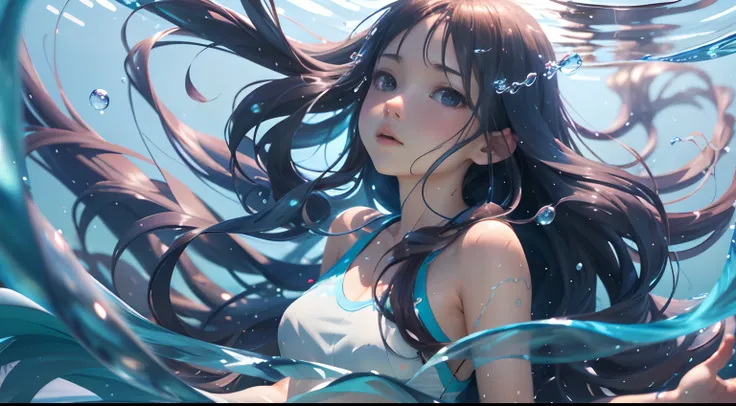 Anime girl with long hair floating in water with bubbles, Guviz-style artwork, Blue sea. By Makoto Shinkai, Guviz, Beautiful digital artwork, In the water, author：yanjun cheng, In water, Realistic anime 3 D style, Beautiful digital illustration, realistic ...