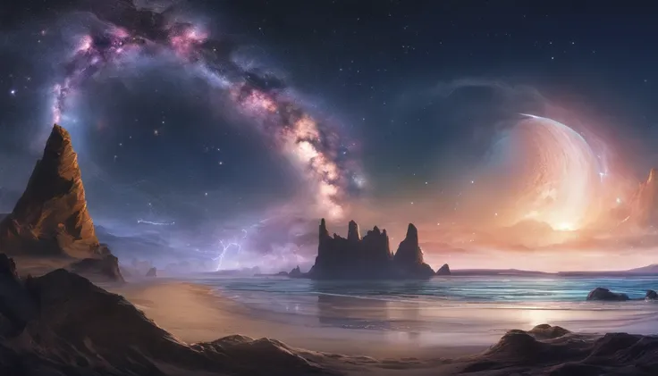 huge planet, the night, starrysky, surrealism, masutepiece, hight resolution、Impressive Milky Way:1.9、sand beach、Vast blue ocean、Blue glacier、lightning bolt:1.9、Protoplanets、pure beauty、Plasma Planet:1.9