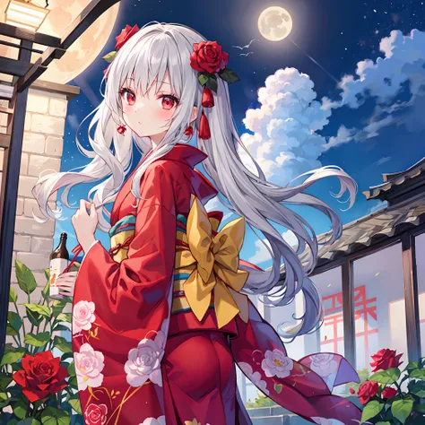 Wavy Gray Hair、red eyes、Beautiful girl alone、Kimono、rose garden、a moon、red blush、