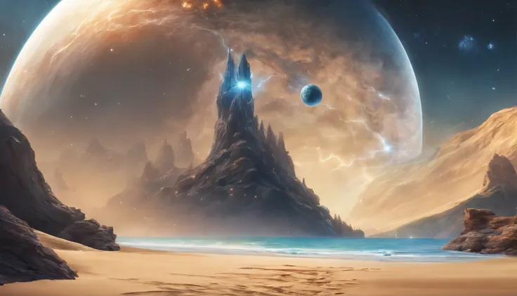 huge planet, the night, starrysky, surrealism, masutepiece, hight resolution、Impressive Milky Way:1.9、sand beach、Vast blue ocean、Blue glacier、lightning bolt:1.9、Protoplanets、pure beauty、Plasma Planet:1.9