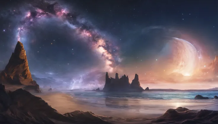 huge planet, the night, starrysky, surrealism, masutepiece, hight resolution、Impressive Milky Way:1.9、sand beach、Vast blue ocean、Blue glacier、lightning bolt:1.9、Protoplanets、pure beauty、Plasma Planet:1.9