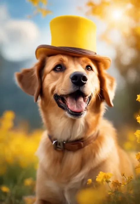 happy dog wearing a yellow hat, playful dog with wagging tail, vibrant colors, detailed fur, sunny outdoor scene, cute and expressive eyes, realistic rendering, joyful atmosphere, bokeh lighting