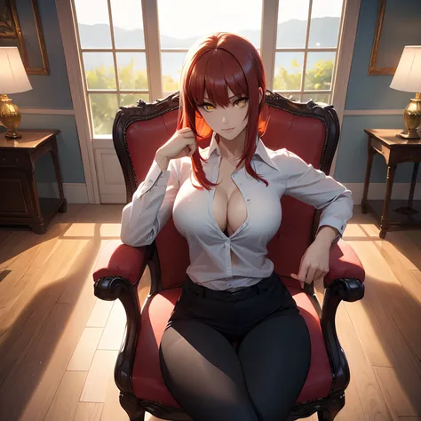 ((top quality, 8k, masterpiece: 1.3, ultra hd, high quality, best quality, high definition, realism)), sharp focus: 1.2, Beautiful woman with a muscular body, Red hair, Beautiful yellow eyes, sharp eyes, Beautiful and cruel face, thin face, big tits, White...