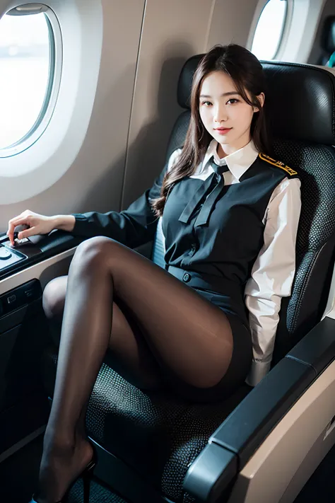 Sexy woman in stewardess uniform、Ukrainian、Ukrainian goddess、jaw-dropping beauty、Wear ultra-realistic pantyhose、Sitting on an airplane with legs crossed、A smile、high-heels、masutepiece, Best Quality, Photorealsitic, Raw photo、8K, High resolution, Detailed s...