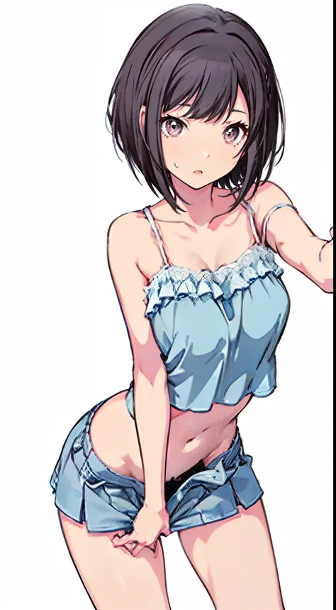 (Light blue camisole　Pull up your skirt to show your panties　Gravure Pose　Very detailed down to the smallest detail　clear outlines　Beautiful face　Beautiful skin)  thin-waist　A slender　ribbed　skinny limbs　teats　cleavage of the breast　Beautiful breasts　a sho...