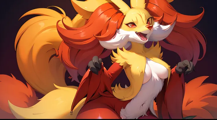 (masterpiece, best quality:1.2), solo, 1girl, delphox, furry, multicolored fur, looking at viewer, tail, perfect posture, happy ...