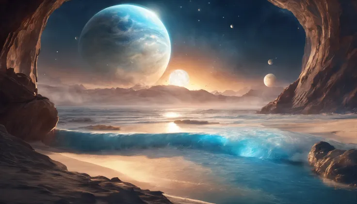 huge planet, the night, starrysky, surrealism, masutepiece, hight resolution、Impressive Milky Way:1.9、sand beach、Vast blue ocean、Blue Waves、Blue glacier、lightning bolt:1.9、Protoplanets、pure beauty