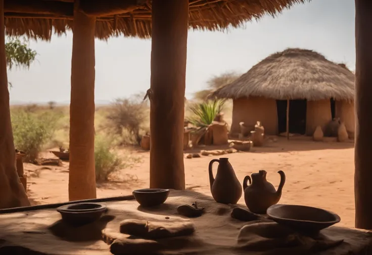 A madagascar au Sud, Interior of a mud house in the middle of the desert, warriors house where you can see a Zebu horn, An oasis of water