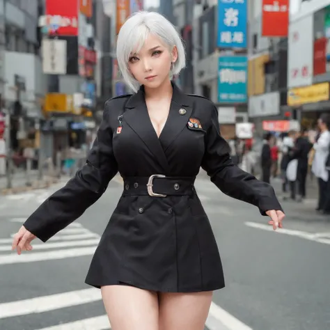 Japan Female, 13years、((((Little fat woman))))、short-haired、white  hair、hitornfreckles、Kamimei、((((tiny chest))))、A sexy、appearance、drooing eyes、((((Japan Imperial Uniform))))、(((Bondage fashion under a long black coat)))、Best Quality, full-face blush, , f...