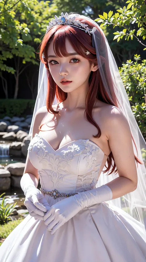 itsuki nakano, bangs, blue eyes, hair between eyes, ahoge, red hair, red hair, star (symbol), hair ornament, gloves, dress, cleavage, bare shoulders, collarbone, elbow gloves, white gloves, white dress, strapless, tiara, veil, strapless dress, wedding dres...