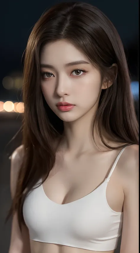 ((Realistic lighting, Best quality, 8K, Masterpiece: 1.3)), Clear focus: 1.2, 1girl, Perfect Figure: 1.4, Slim Abs: 1.1, ((Dark brown hair)), (White crop top: 1.4), (Outdoor, Night: 1.1), City streets, Super fine face, Fine eyes, Double eyelids,